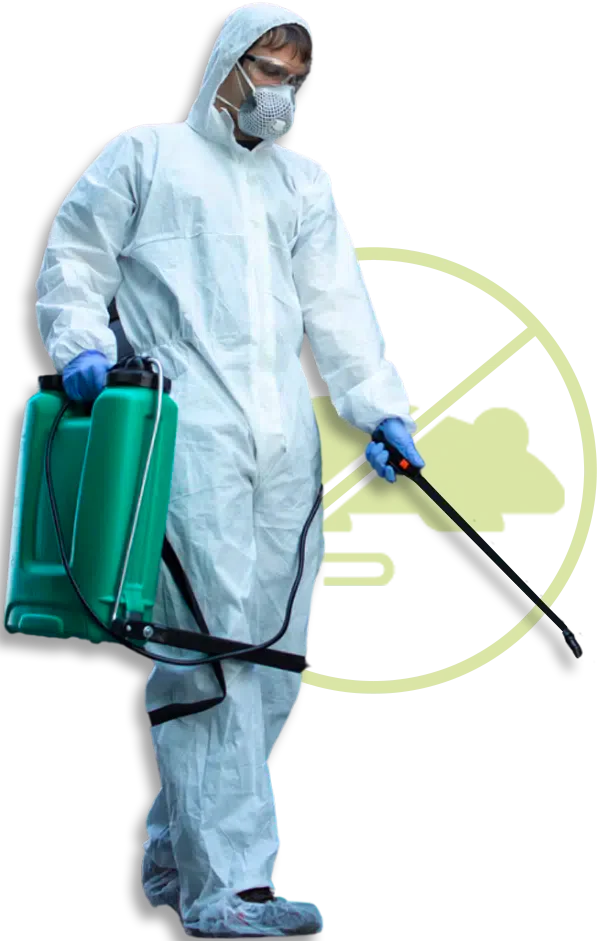 Disinfestatore con tuta protettiva e attrezzatura professionale