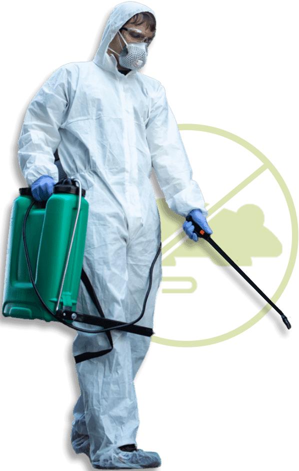 Disinfestatore con tuta protettiva e attrezzatura professionale